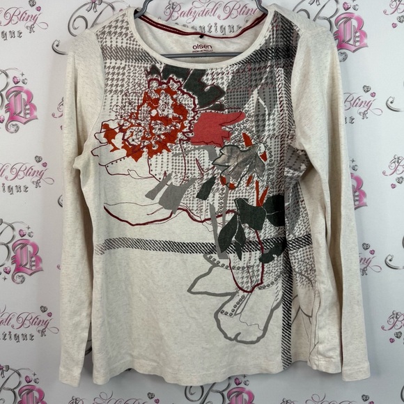 Olsen Tops - Olsen shirt flowers comfy Women's Floral Long Sleeve Top - Cream and Red